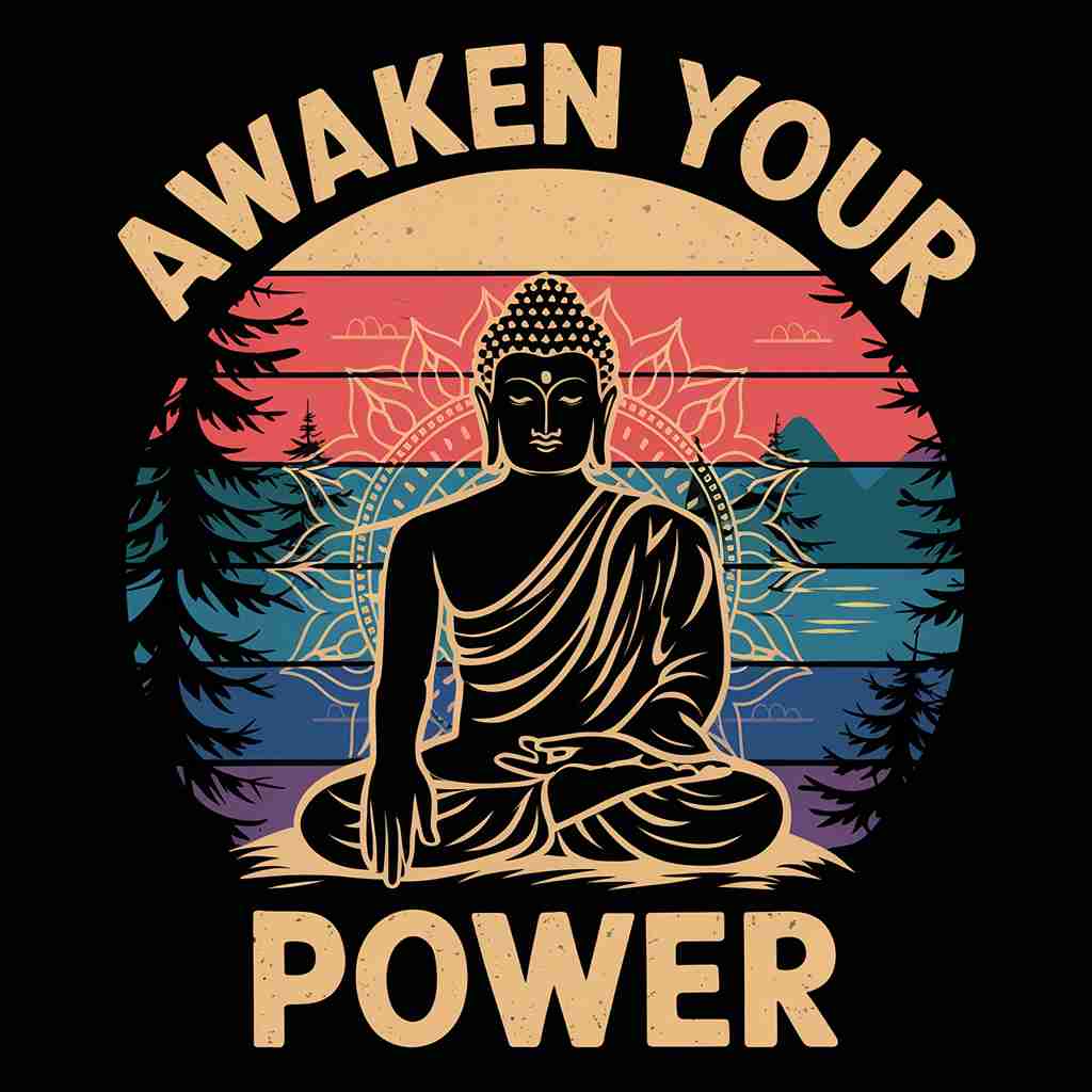 Buddha silhouette with 'Awaken Your Power' text and nature background