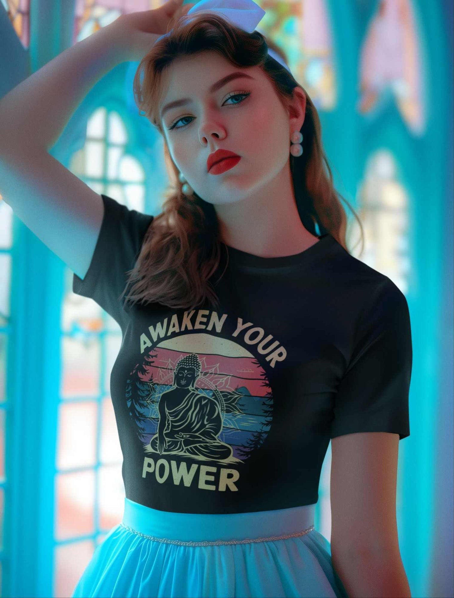 Woman wearing a black t-shirt with 'Awaken Your Power' design in a colorful, abstract setting.