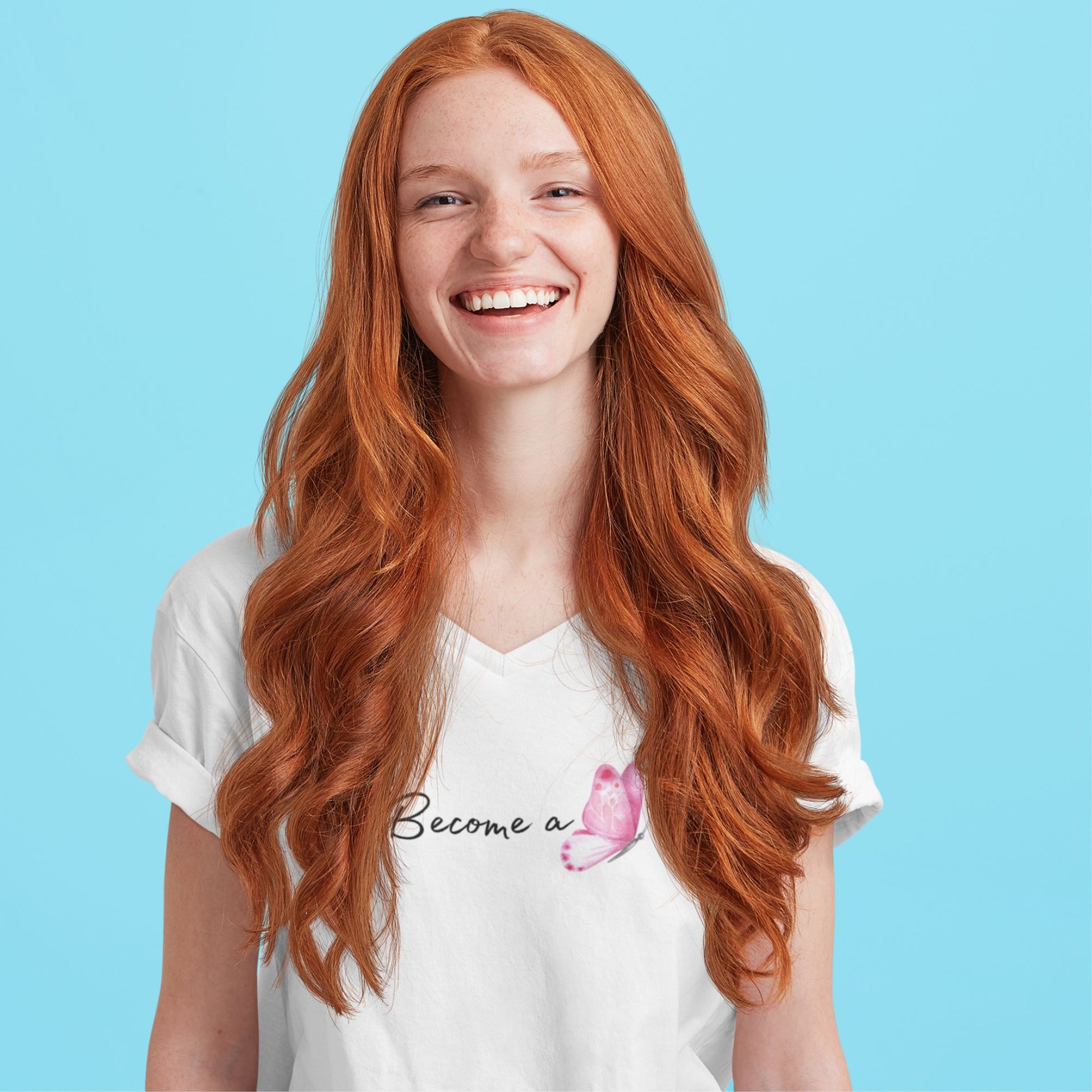 mockup-of-a-joyful-readhead-woman-wearing-a-v-neck-t-shirt-printed-with-a-pink-butterfly-design