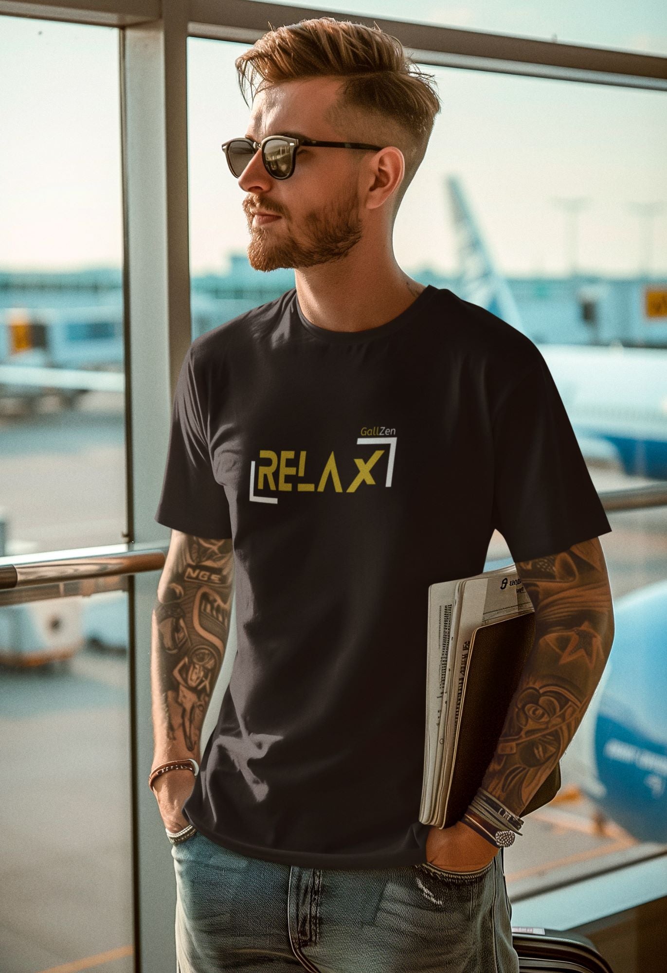 mockup-of-a-man-with-arm-tattoos-wearing-a-t-shirt-and-sunglasses-at-an-airport-in-london