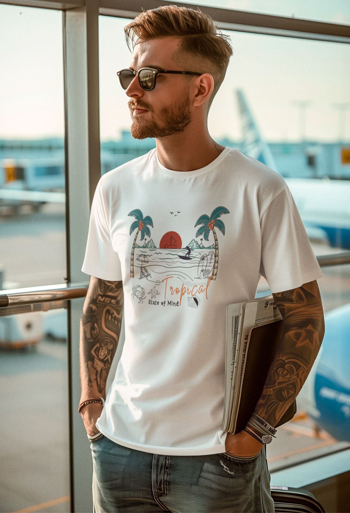 mockup-of-a-man-with-arm-tattoos-wearing-a-white-tee-and-sunglasses-at-an-airport