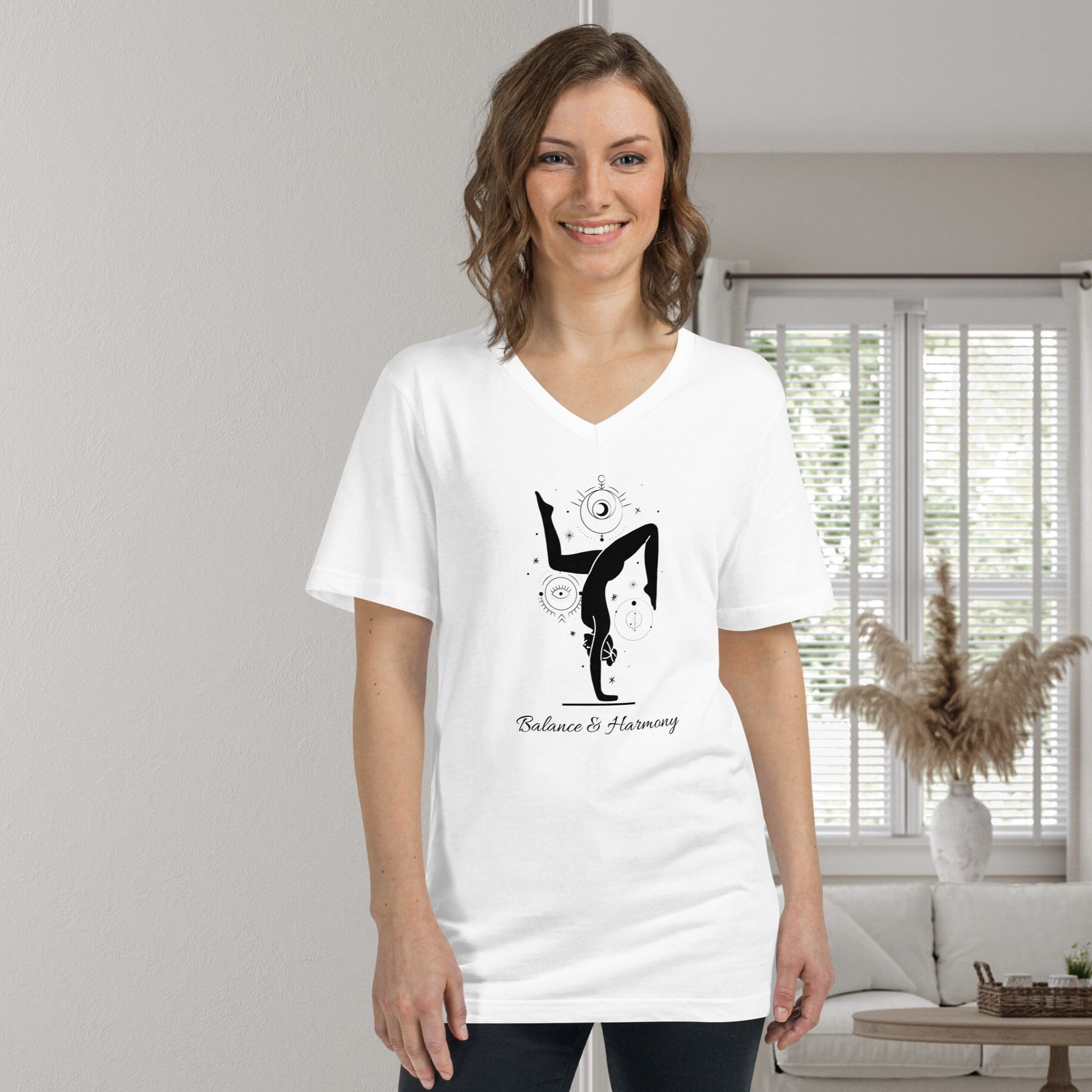 mockup-of-a-smiling-woman-wearing-a-white-printed-t-shirt-in-living-room