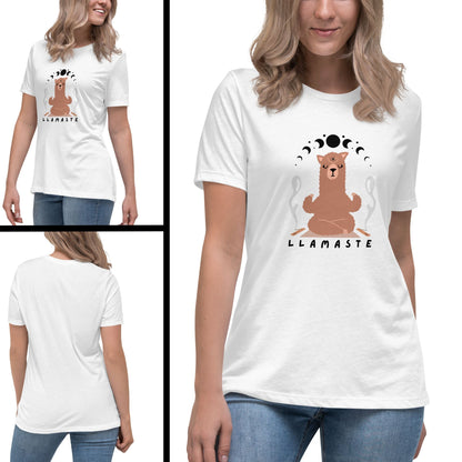 mockup-of-a-spiritual-white-tee-for-women-with-mindful-Namaste-and-llama-design