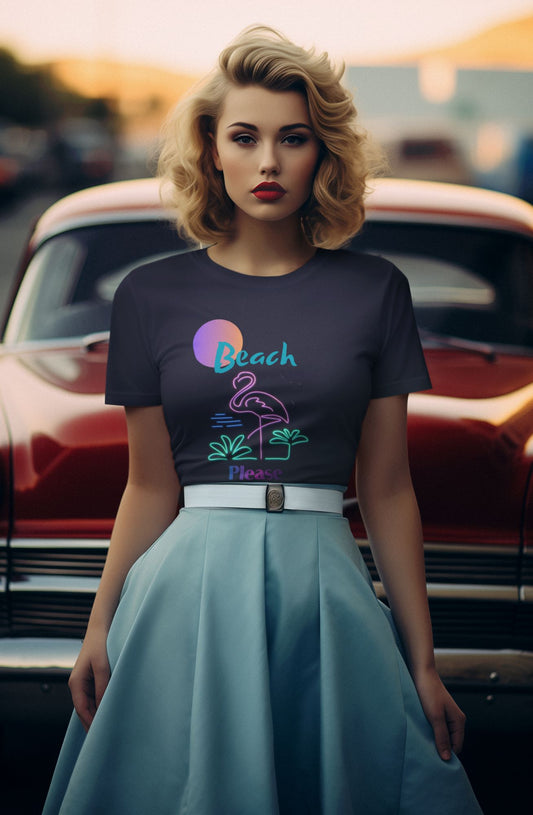 mockup-of-a-woman-in-a-50s-inspired-outfit-wearing-a-t-shirt-posing-next-to-a-classic-car