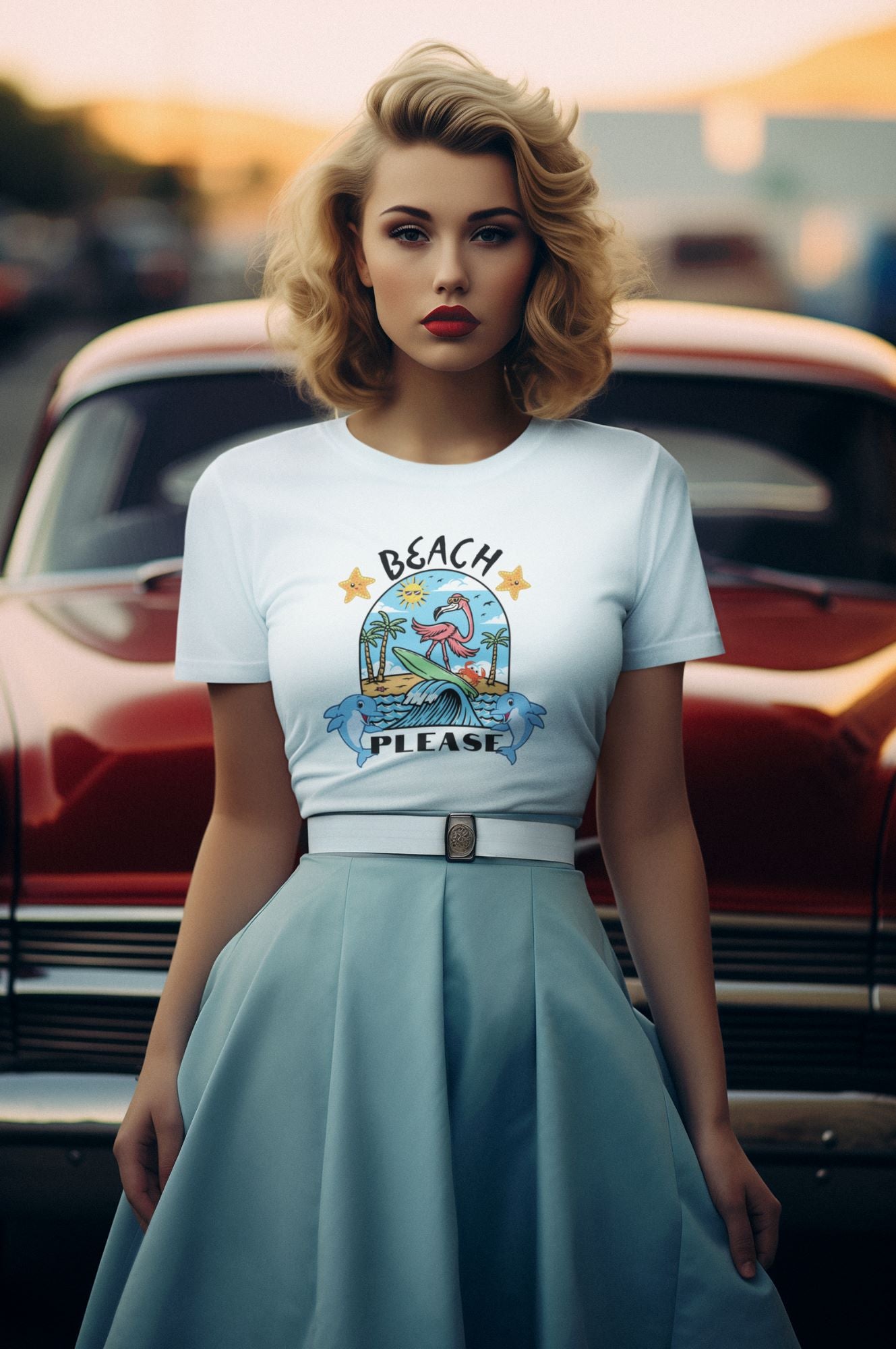 mockup-of-a-young-woman-in-a-50s-inspired-outfit-wearing-a-t-shirt-posing-by-a-red-classic-car