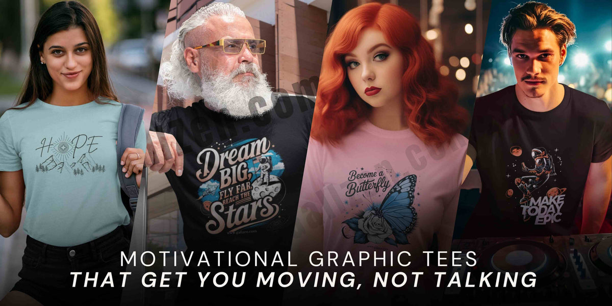 Four people wearing graphic t-shirts in different settings, with the text 'MOTIVATIONAL GRAPHIC TEES THAT GET YOU MOVING, NOT TALKING' at the bottom.