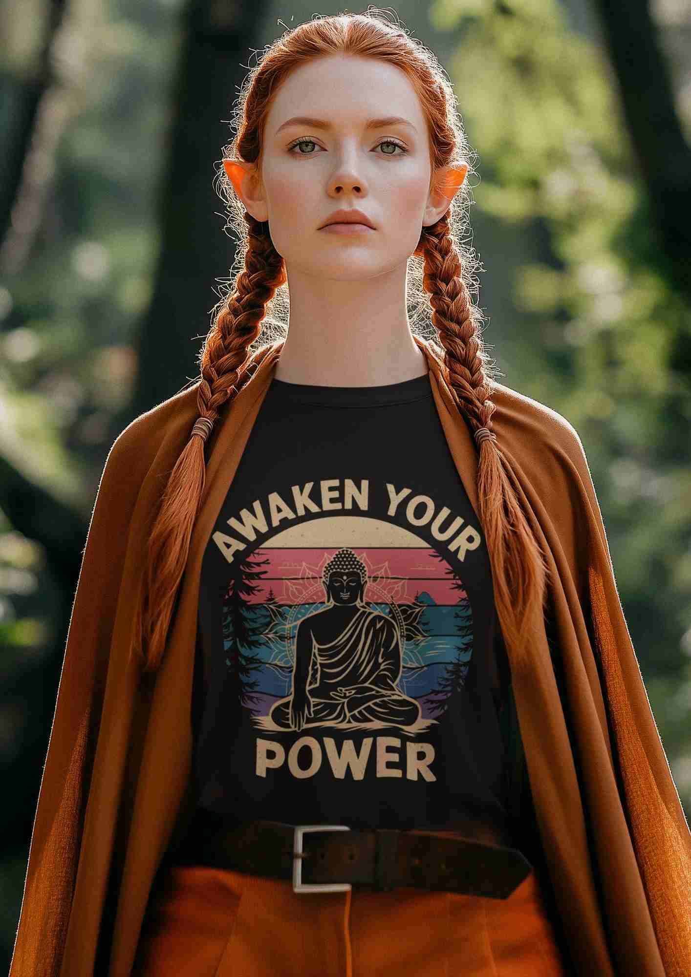 An elf woman wearing a black t-shirt from organic cotton with 'Awaken Your Power' design in a forest setting
