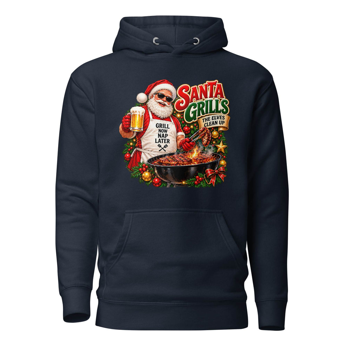 Front view of a navy pullover hoodie with a pouch pocket and Santa barbecue graphic reading “Santa Grills, the Elves Clean Up.”