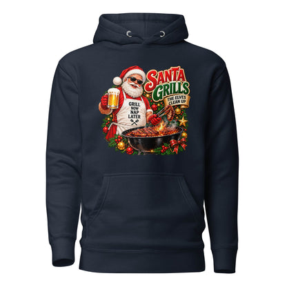 Front view of a navy pullover hoodie with a pouch pocket and Santa barbecue graphic reading “Santa Grills, the Elves Clean Up.”
