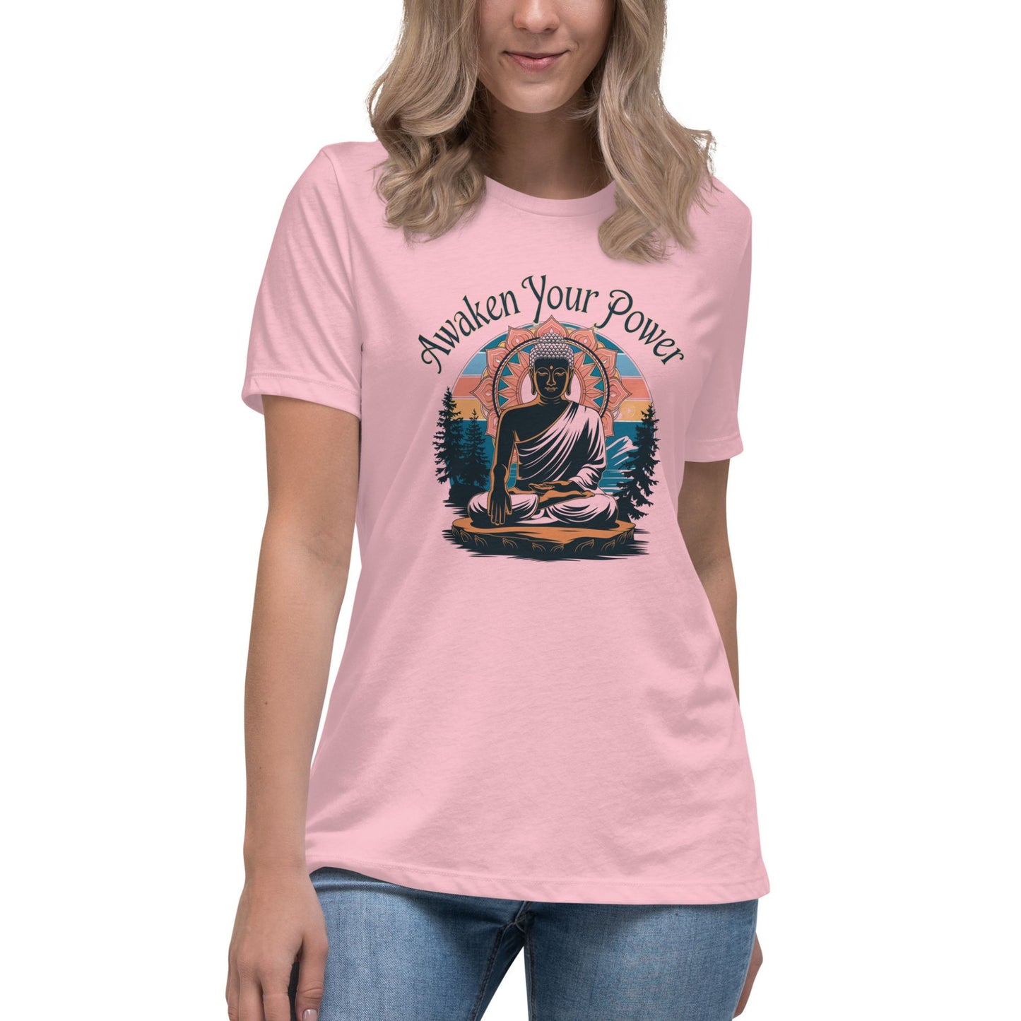 Pink t-shirt featuring a meditating Buddha graphic with "Awaken Your Power" text and a vibrant mandala backdrop, ideal for spiritual and mindfulness apparel searches.