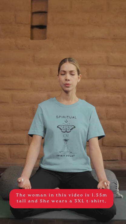 Video-Of-A-Woman-Meditating-In-Blue-Lagoon-T-Shirt-With-A-Butterfly-Graphic-And-A-Meditating-Figure-Asking-Spiritual-Or-Spirit-Down