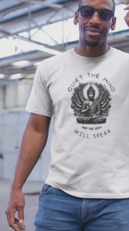 Video-Mockup-Of-A-Middle-Aged-American-Man-Wearing-A-White-Tee-With-Buddha-Meditation-Design-And-The-Inspirational-Message-Quiet-The-Mind-And-The-Soul-Will-Speak