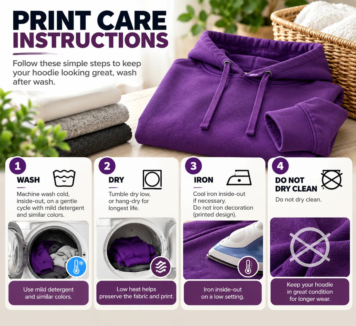 Hoodie care guide: wash cold inside-out, dry low or hang-dry, cool iron inside-out away from print; do not dry clean.