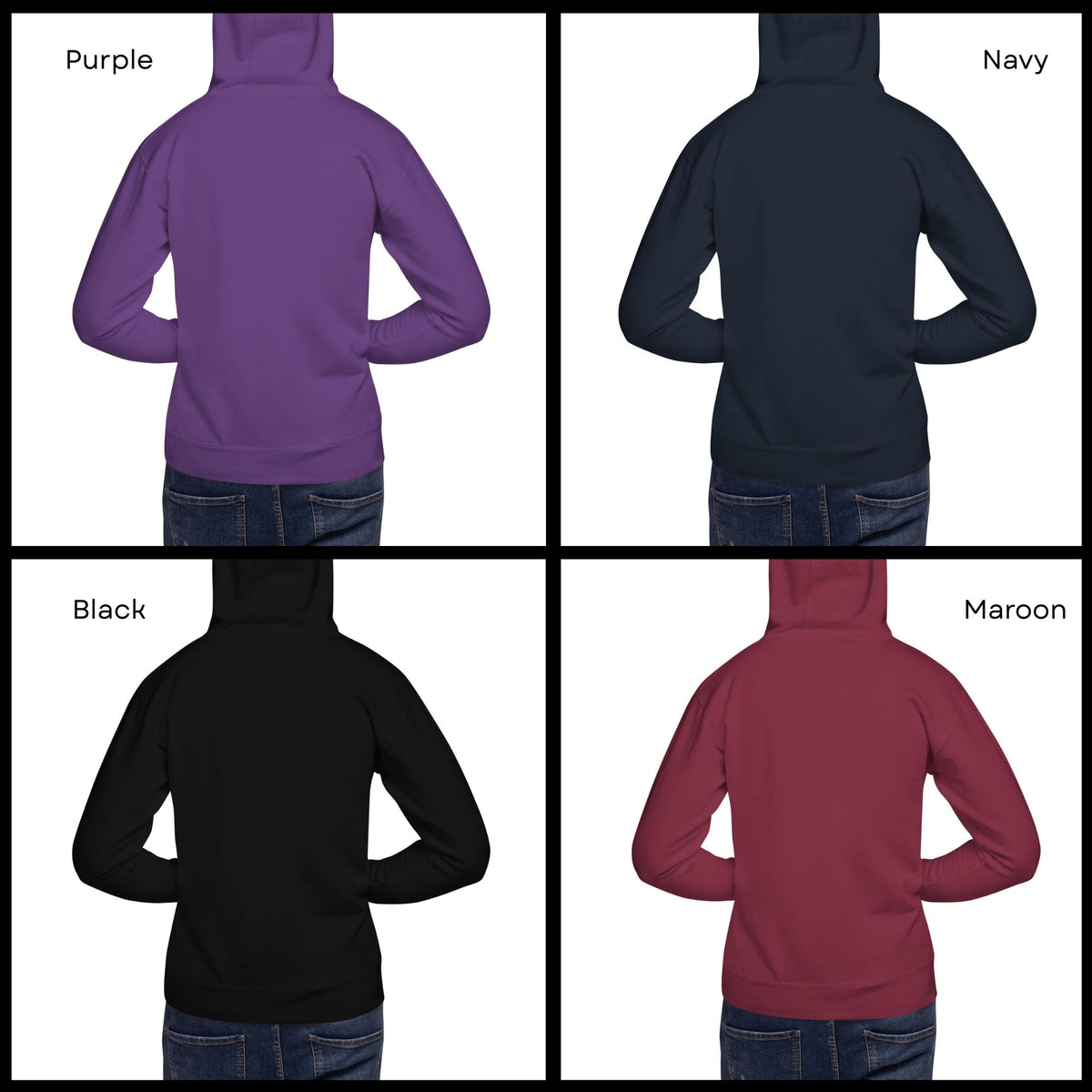 Back views of models wearing purple, navy, black, and maroon pullover hoodies, all with hoods up and no back print.
