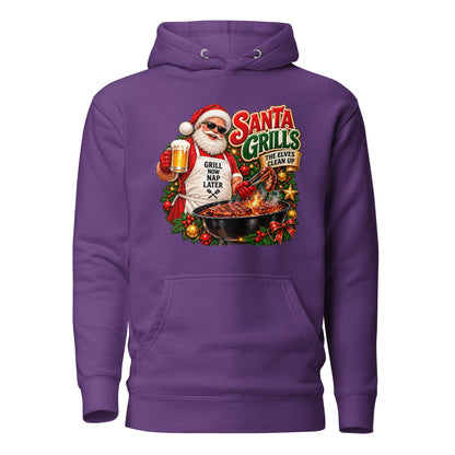 Front view of a purple pullover hoodie with a pouch pocket and Santa barbecue graphic reading “Santa Grills, the Elves Clean Up.”