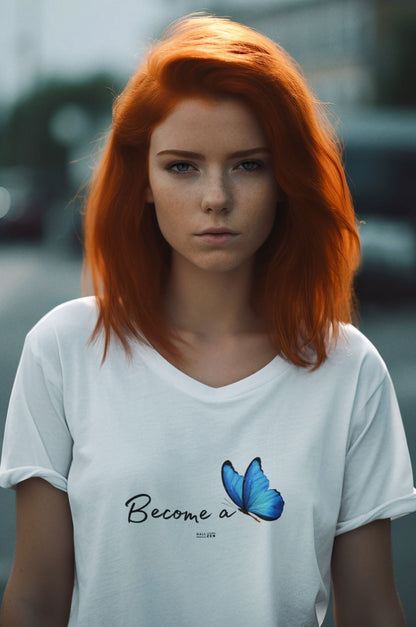 redhead-woman-wearing-a-white-t-shirt-printed-with-a-blue-butterfly-and-a-positive-affirmation-becomes-a-butterfly