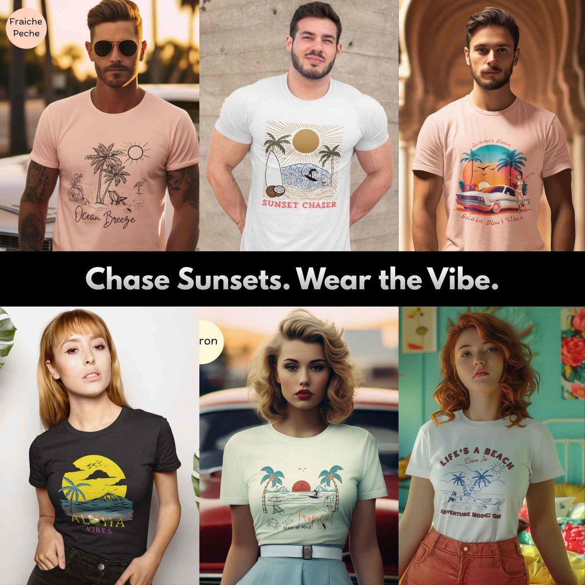 Six models wearing retro summer graphic tees with beach, palm tree, surfboard, sunset, camper van and Aloha designs.