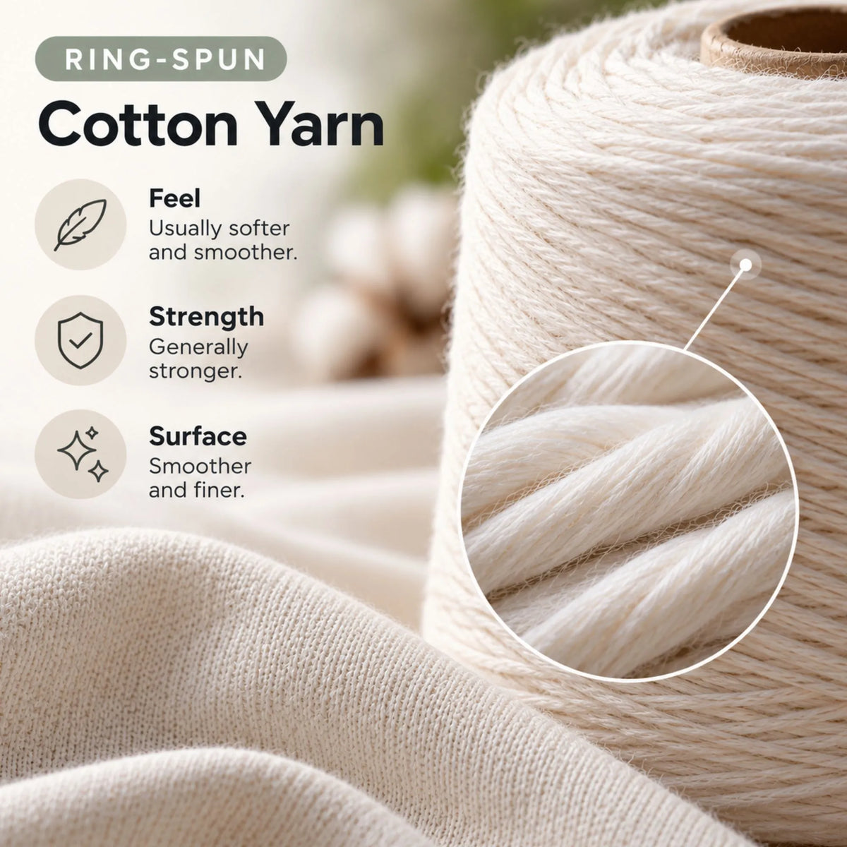 Cream-colored ring-spun cotton yarn shown on a spool with a close-up circular inset highlighting the smooth, fine texture of the fibers. Text on the left describes the benefits of cotton yarn: softer feel, stronger strength, and smoother surface.