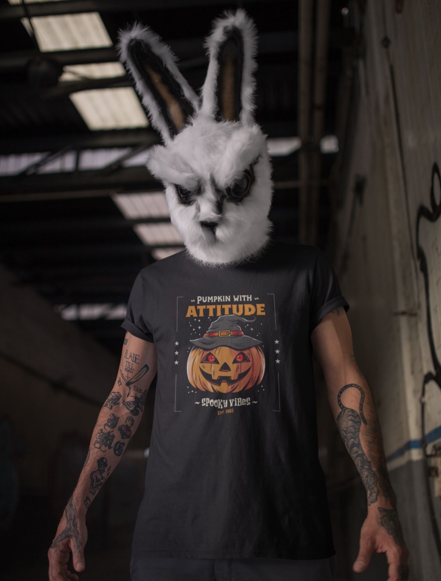 round-neck-black-tee-mockup-of-a-man-with-a-halloween-rabbit-mask