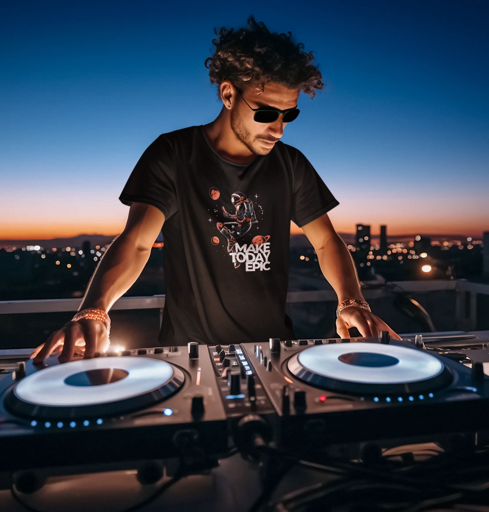 round-neck-t-shirt-mockup-featuring-an-ai-generated-dj-man-playing-music-on-a-rooftop