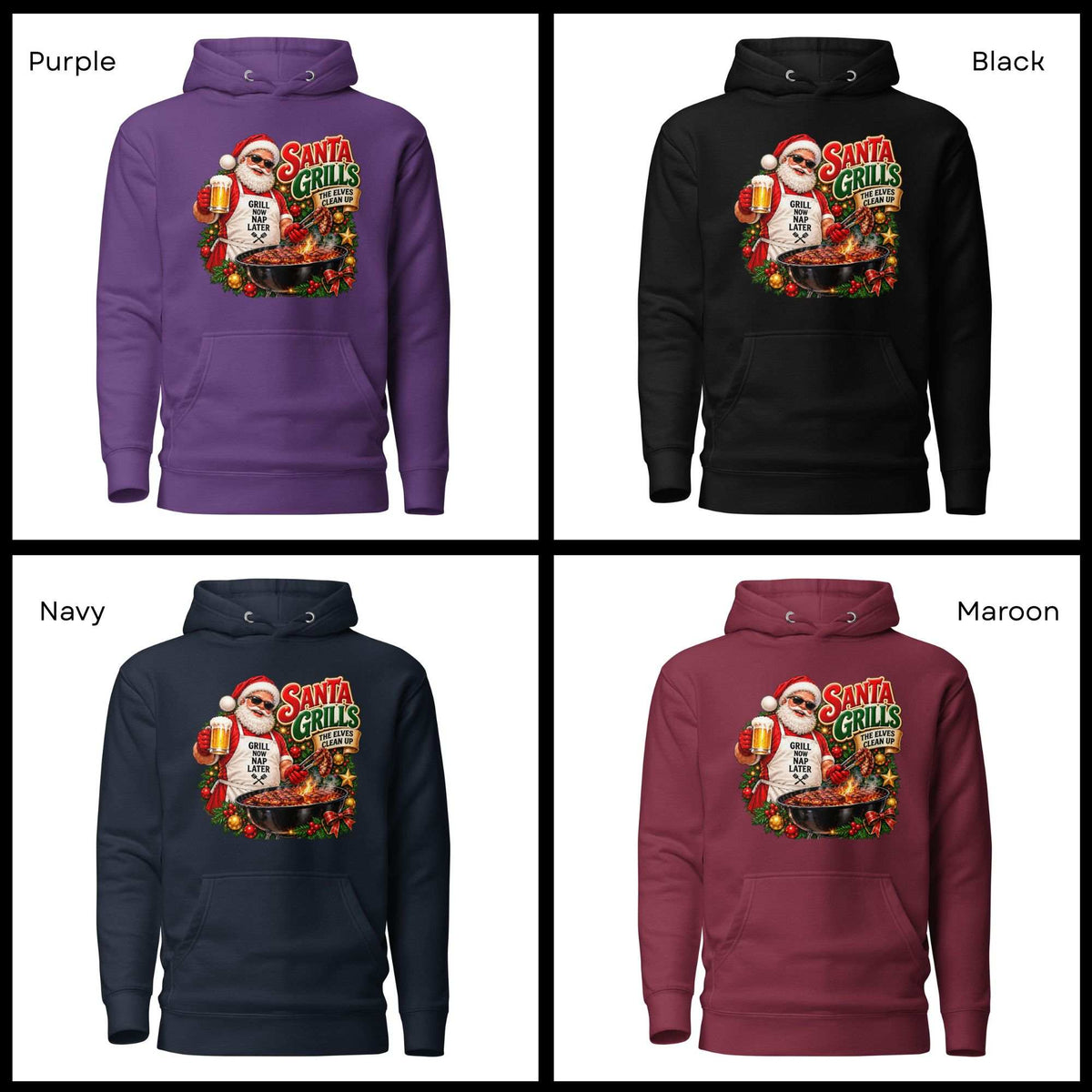 Front views of purple, black, navy, and maroon hoodies with Santa barbecue graphics above the pouch pockets.
