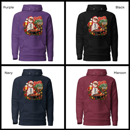 Front views of purple, black, navy, and maroon hoodies with Santa barbecue graphics above the pouch pockets.