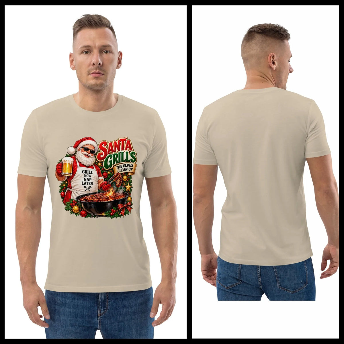 Male model wearing a beige Santa grilling Christmas shirt with jeans, shown from the front with the colorful BBQ Santa graphic and from the back with no print