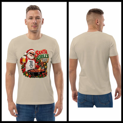 Male model wearing a beige Santa grilling Christmas shirt with jeans, shown from the front with the colorful BBQ Santa graphic and from the back with no print