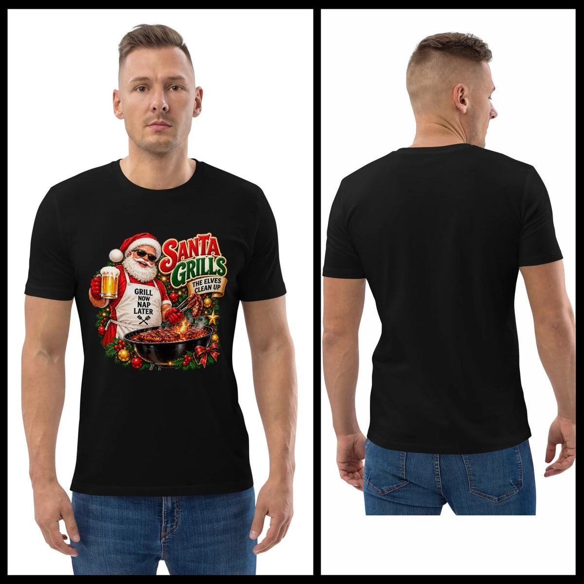 Young man model wearing a black Santa grilling Christmas shirt with jeans, shown from the front with the colorful BBQ Santa graphic and from the back with no print.