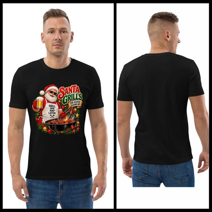 Young man model wearing a black Santa grilling Christmas shirt with jeans, shown from the front with the colorful BBQ Santa graphic and from the back with no print.