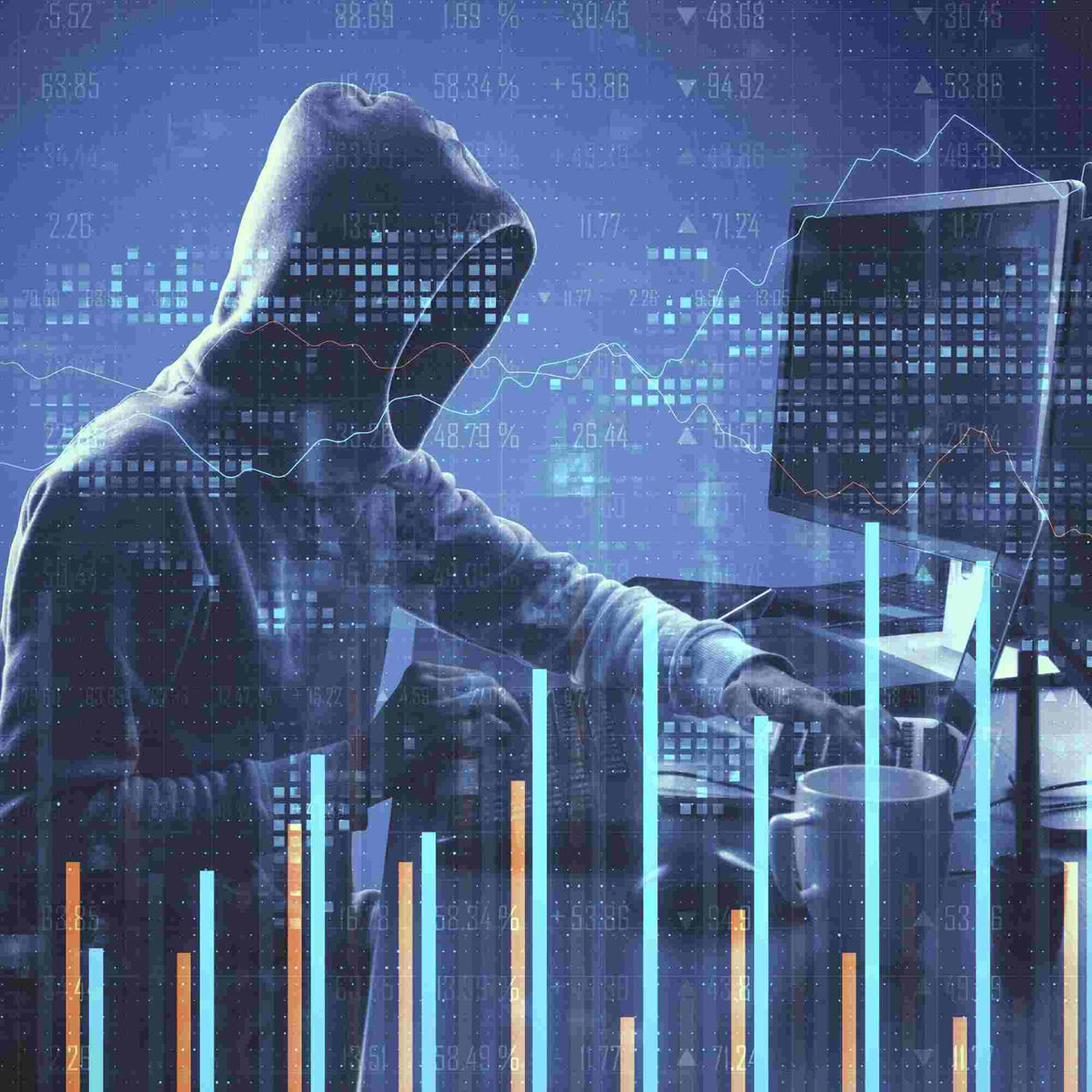 A dark, stylized illustration of a hooded figure in a hoodie interacting with computer screens and financial charts, rendered in shades of blue, black, and cyan with orange highlights.