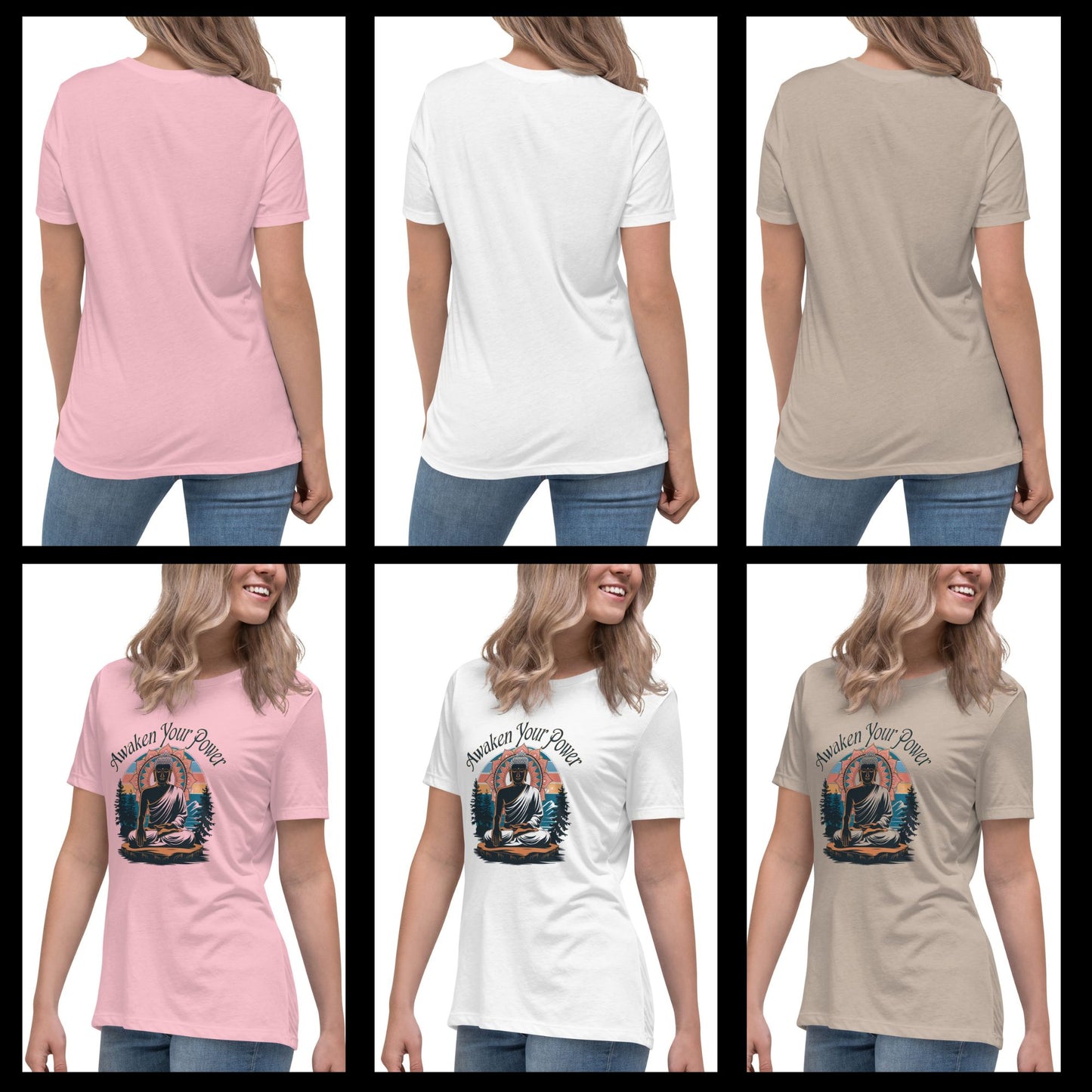 Collage of six women wearing t-shirts in pink, white, and beige with a graphic design on the front.