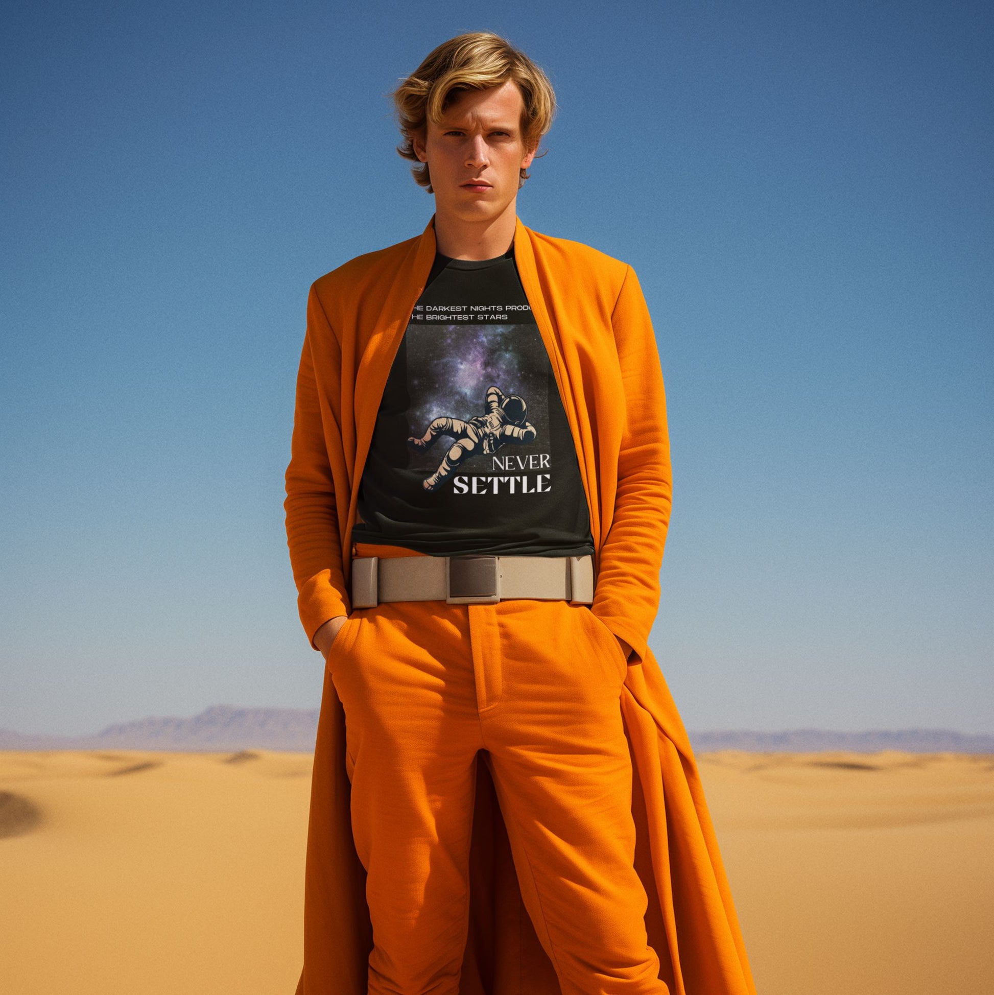 star-wars-inspired-mockup-of-a-man-wearing-a-black-t-shirt-an-orange-coat-and-trousers-in-a-desert