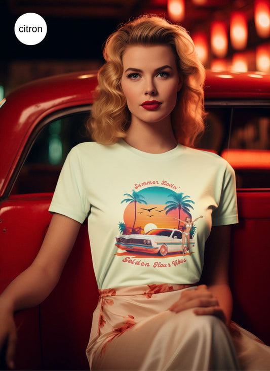 summer-retro-vibe-tee-mockup-featuring-a-woman-in-a-50s-inspired-outfit-posing-by-a-classic-car