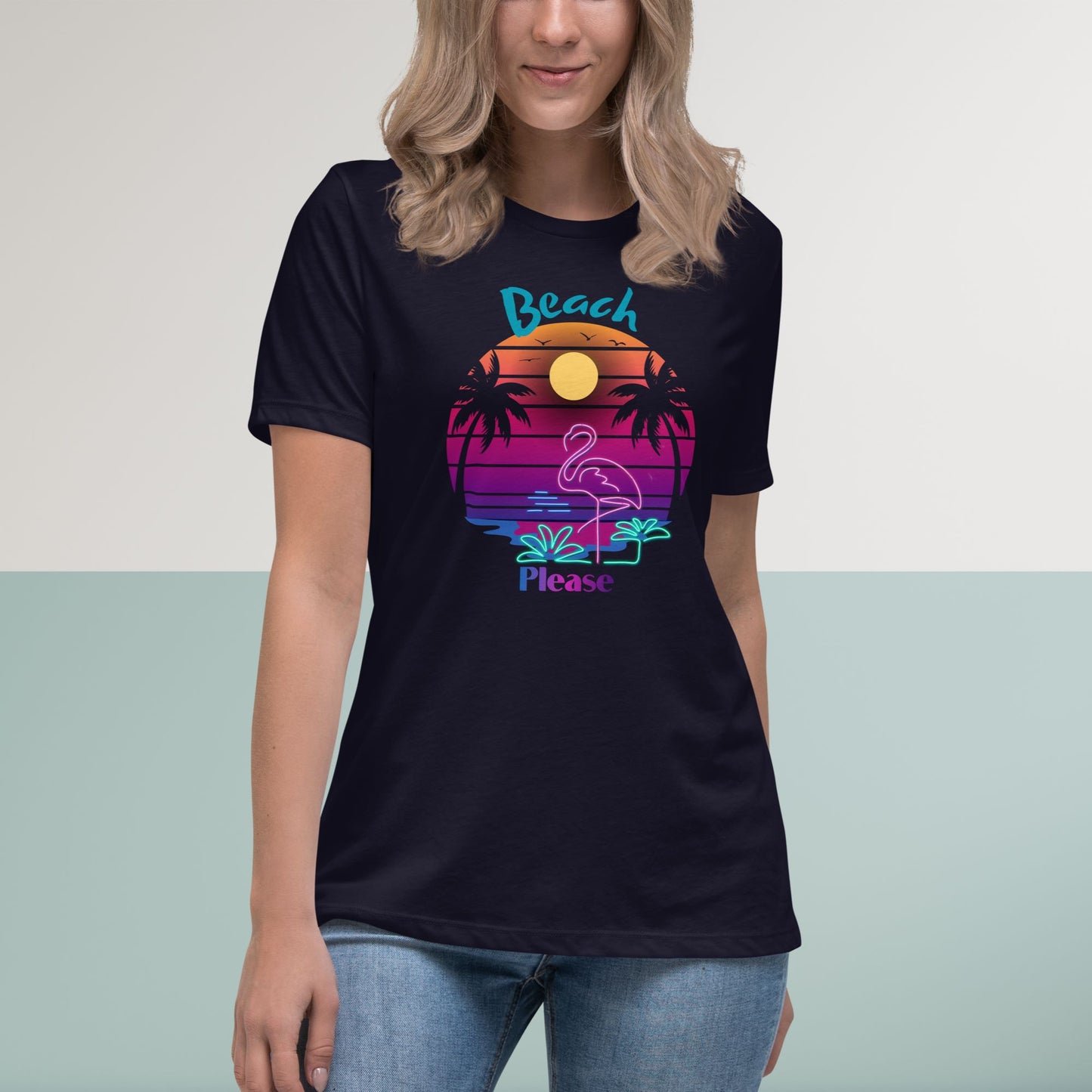 t-shirt-beach-please-for-summer-season-with-a-pink-red-summer-sunset-and-pink-neon-flamingo-design