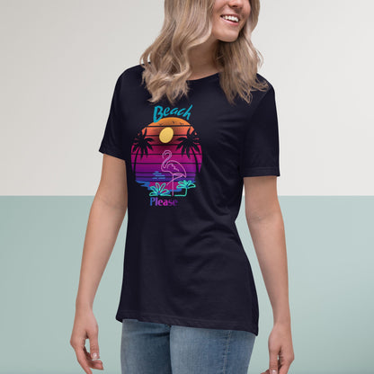 t-shirt-for-women-with-beach-please-tag-line-for-summer-season-with-a-pink-red-summer-sunset-and-pink-flamingo