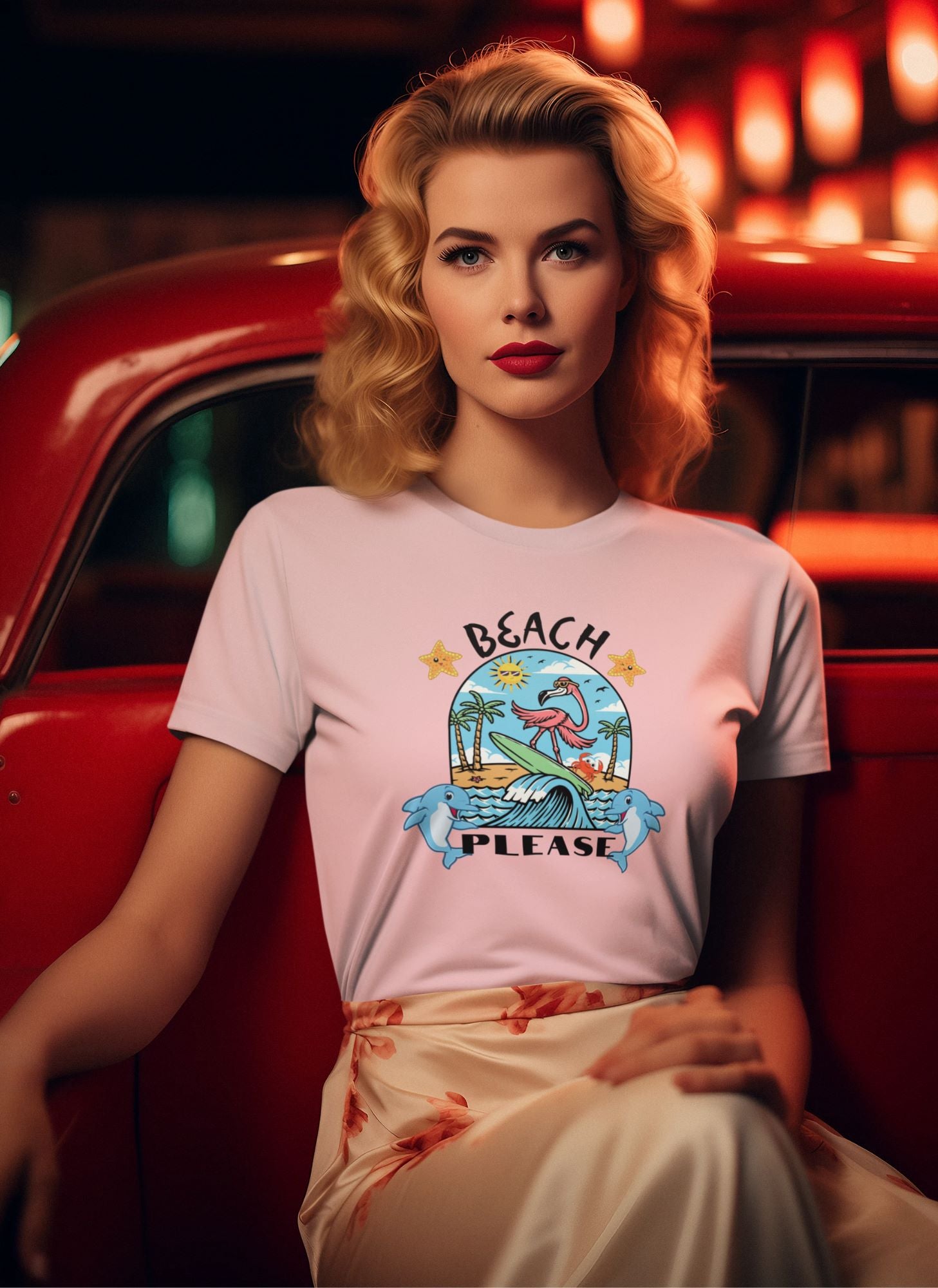 t-shirt-mockup-featuring-a-young-lady-in-a-50s-inspired-outfit-posing-by-a-classic-red-car