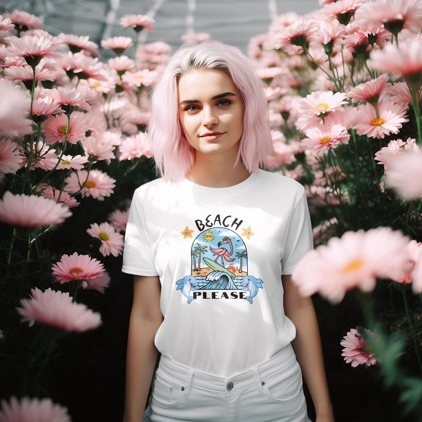 t-shirt-mockup-of-a-woman-with-pink-dyed-hair-surrounded-by-flowers-in-summer-garden