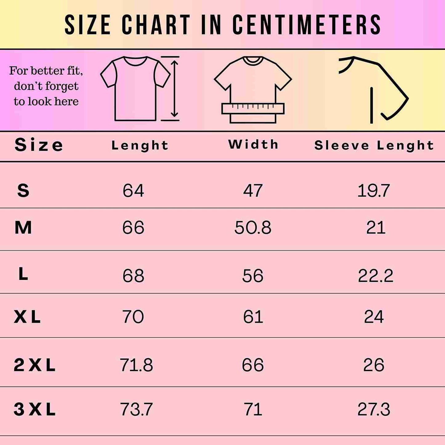 A size chart in centimeters for clothing sizes S through 3XL, with columns for Size, Length, Width, and Sleeve Length. The chart uses a pink, white, and light yellow layout with simple line drawings of a T-shirt and a dress.