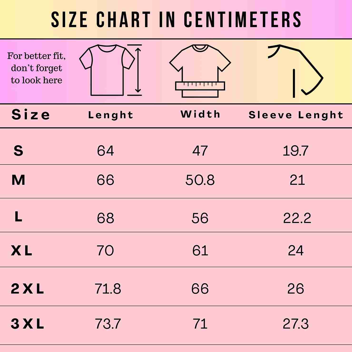 A size chart in centimeters for clothing sizes S through 3XL, with columns for Size, Length, Width, and Sleeve Length. The chart uses a pink, white, and light yellow layout with simple line drawings of a T-shirt and a dress.