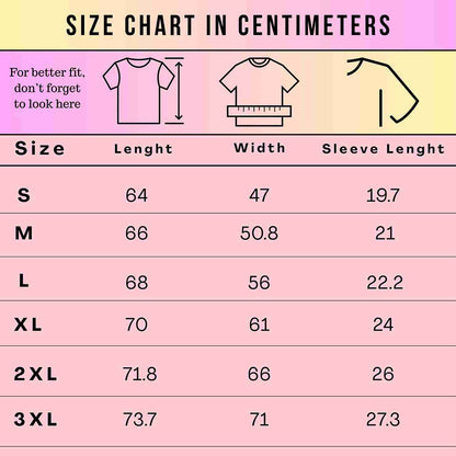 A size chart in centimeters for clothing sizes S through 3XL, with columns for Size, Length, Width, and Sleeve Length. The chart uses a pink, white, and light yellow layout with simple line drawings of a T-shirt and a dress.