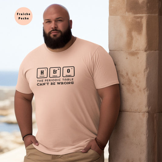 tourist-man-posing-for-instagram-at-medieval-Castle-of-San-Julian-wearing-a-fraiche-peche_t-shirt-colour-featuring-a-witty-hero-design-and-periodic-table-elements