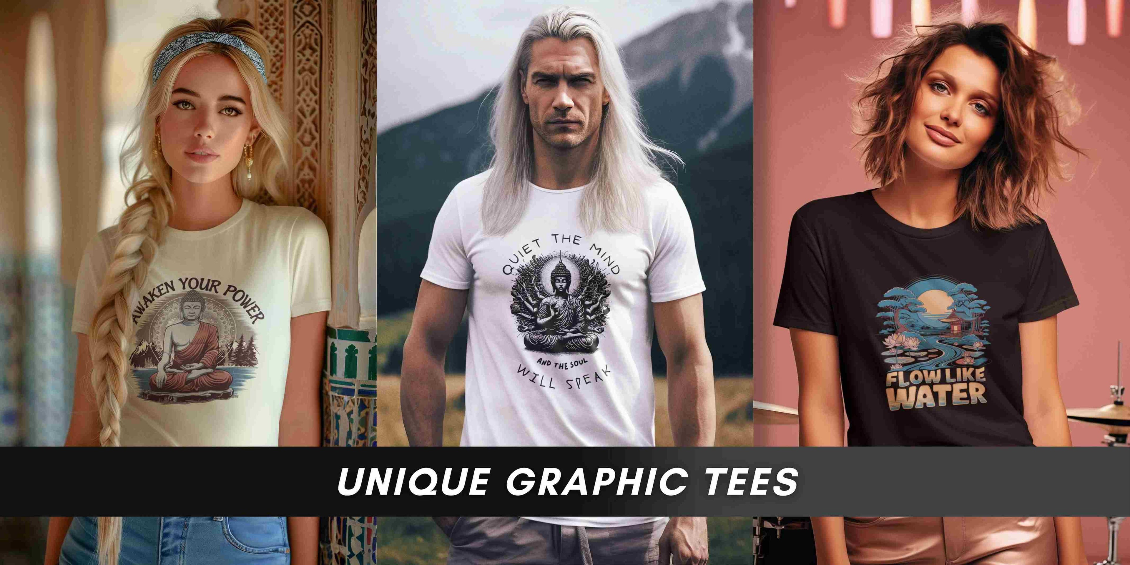 Three people wearing unique graphic tees from the GallZen brand with different designs in various settings.