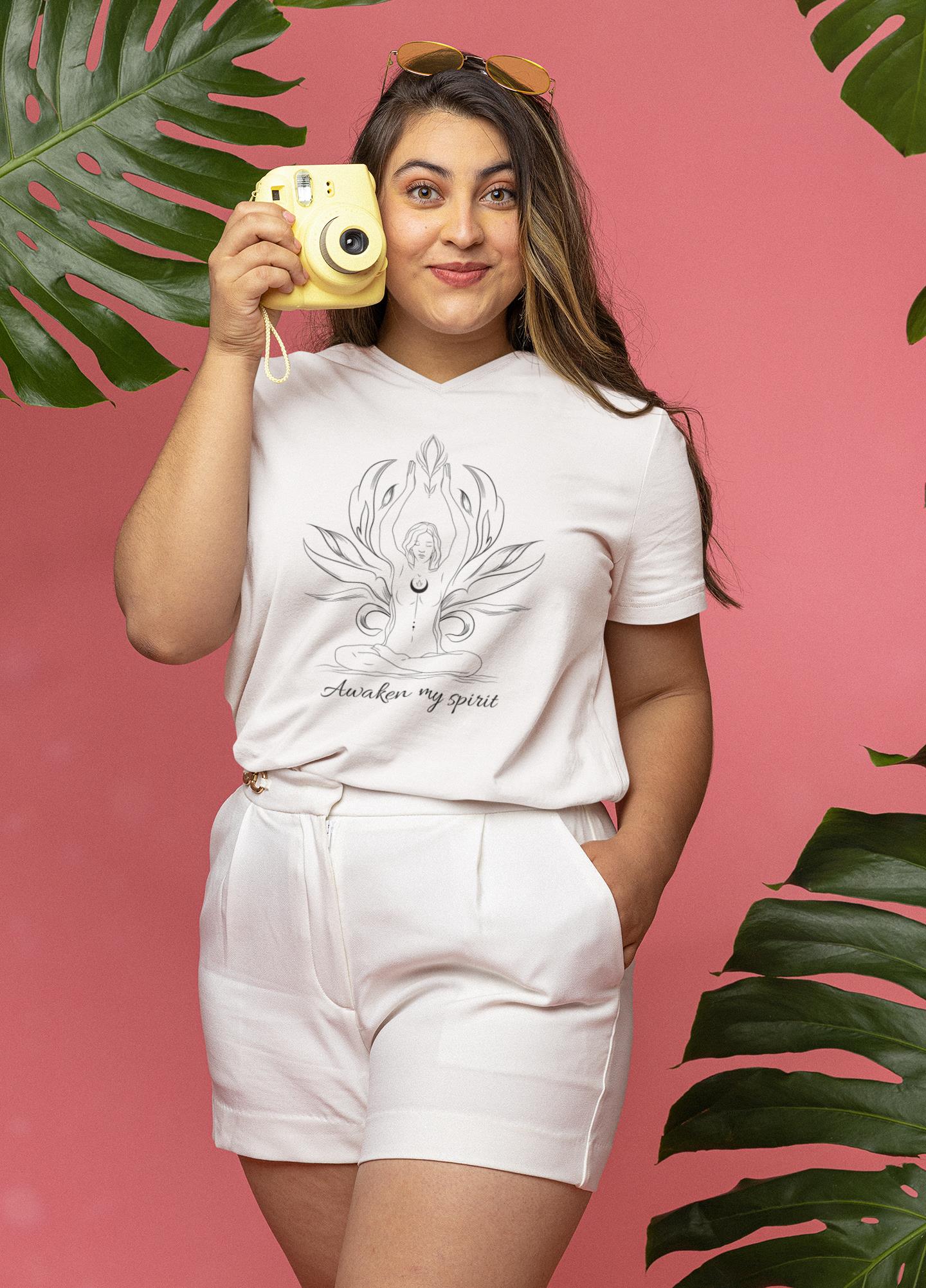 v-neck-t-shirt-mockup-of-a-woman-posing-at-a-summer-themed-studio-with-a-camera-in-her-hand