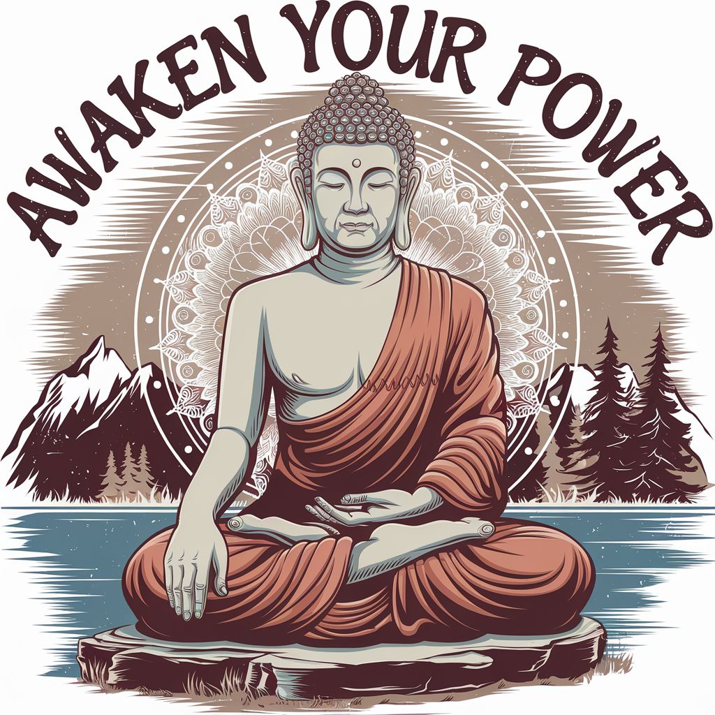 A serene Buddha design with 'Awaken Your Power' text in a natural setting and sacred geometry in the background