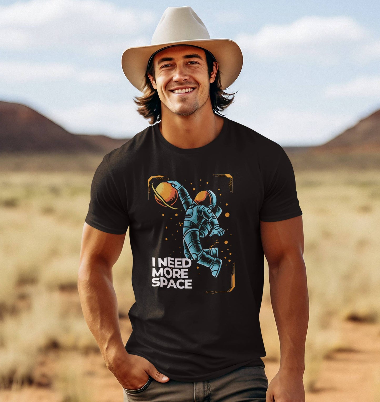 western-man-wearing-a-cowboy-hat-and-a-humorous-black-t-shirt-showcasing-a-blue-astronaut-floating-in-the-cosmos