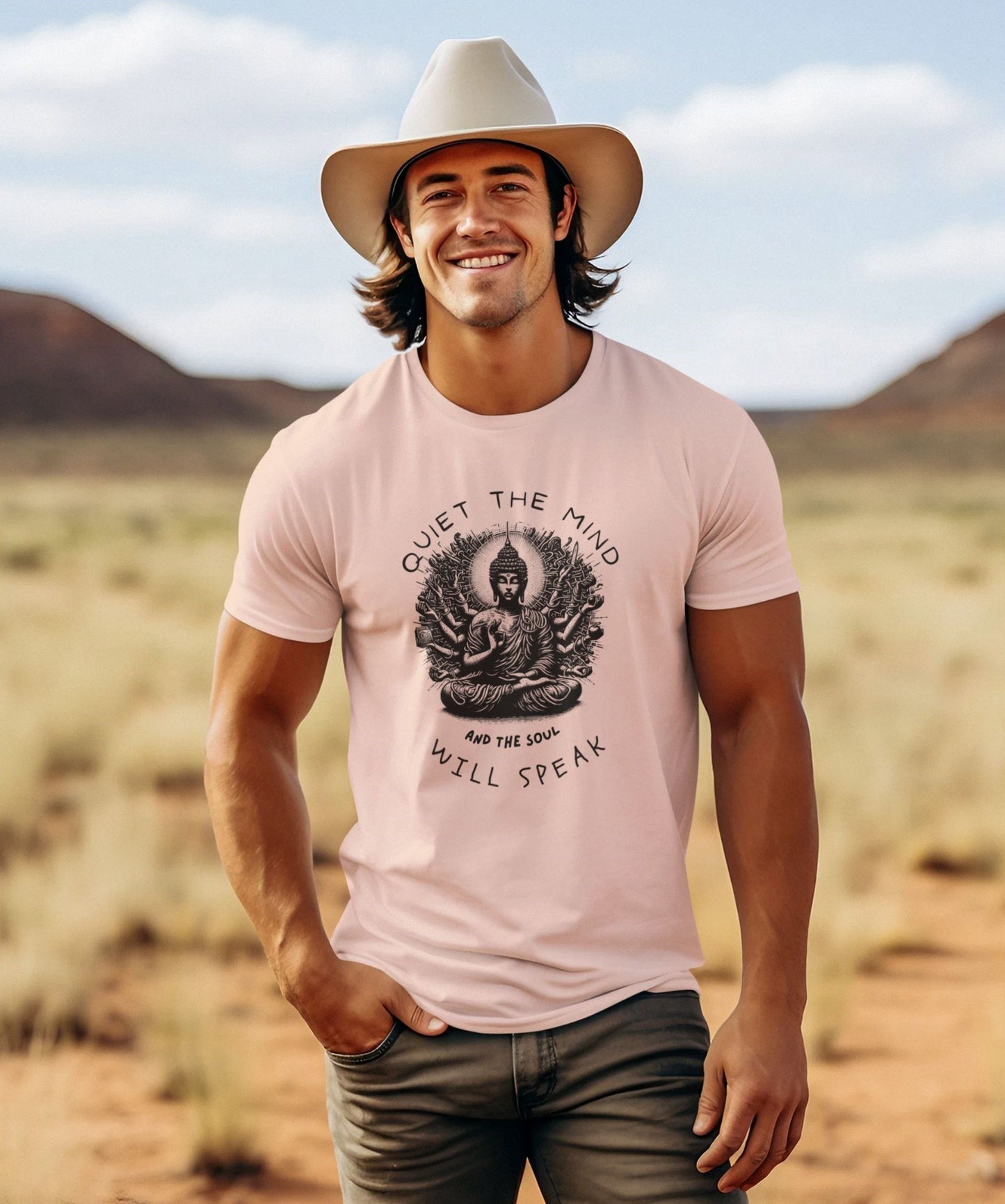 western-themed-mockup-of-a-man-wearing-a-peach-colored-tee-and-a-cowboy-hat-on-a-weekend-day