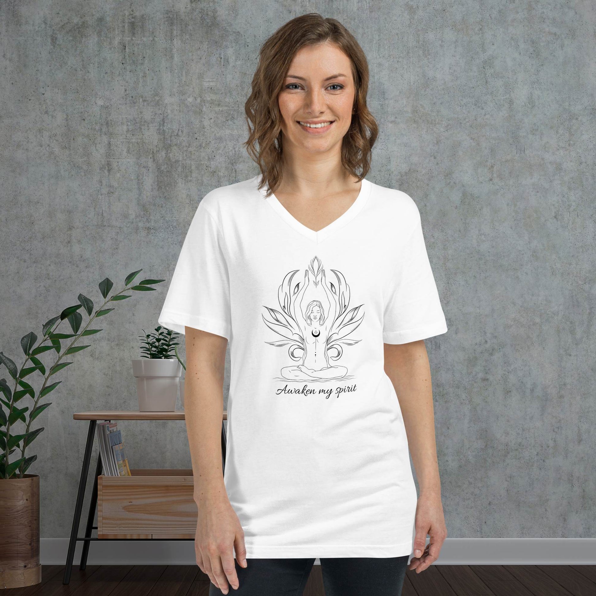 white-v-neck-t-shirt-printed-with-a-yoga-lotus-pose-design-and-a-positive-affirmation