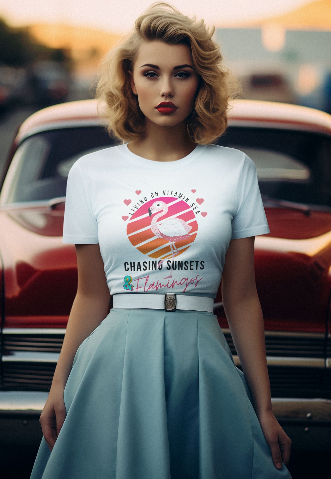 woman-in-a-50s-retro-outfit-wearing-a-white-soft-t-shirt-printed-with-the-tag-line-chasing-sunsets