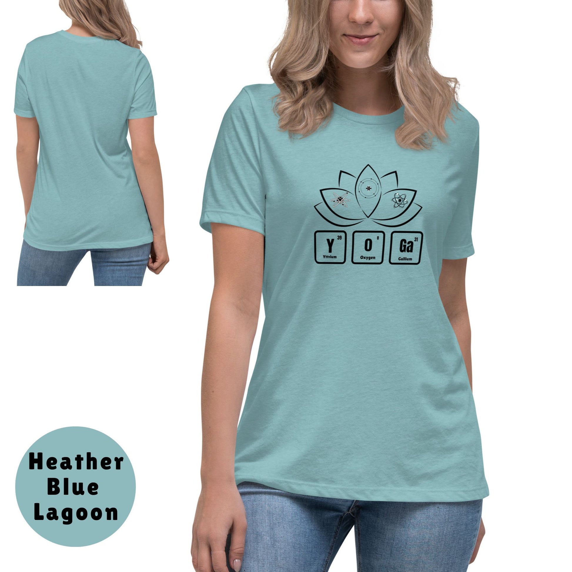 woman-posing-in-a-blue-lagoon-color-tee-featuring-a-yoga-lotus-flower